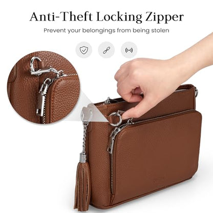 befen Anti Theft Genuine Leather Crossbody Bags for Women Handbags and Shoulder Basg with Built in Wallet RFID Leather Purse - color: Brown