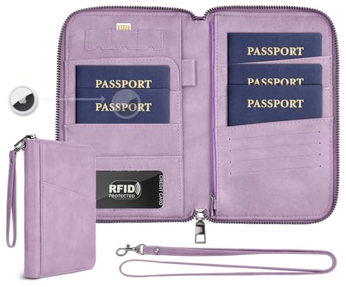 Family Passport Holder Wallet RFID Travel Document Organizer for Women Men, Portable Case Cover for Cards, Boarding Pass with Wrist & Neck Double Strap, Travel Christmas Gifts (Purple, 1pack) - color: Purple