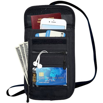 RFID Blocking Travel Neck Wallet Pouch and Passport Holder, Travel Neck Pouch Passport Holder for Women & Men - Black - color: Black