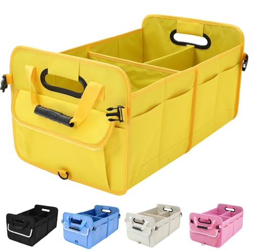 Car Suv Trunk Organizer,Sturdy Storage Organizer for Car Accessories,Tools,Sundries.Upgraded 4 Carrying Handles,72L,Foldable,Waterproof,Multi Compartment,2 Straps for Fixation (Yellow B)