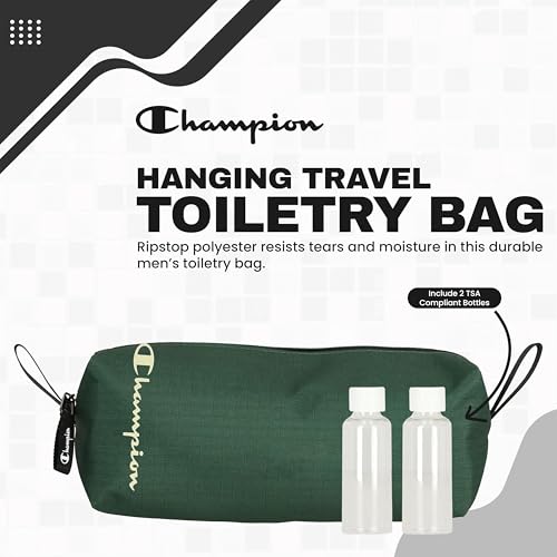 Champion - Hanging Toiletry Bag - Travel Sized Polyester Bag — Water-Resistant, Cosmetics Organizer Bag with Two Compliant Bottles - Lightweight Portable Zipped Bag for Unisex – Green- 10"x3.9"x3.9" - style: Green
