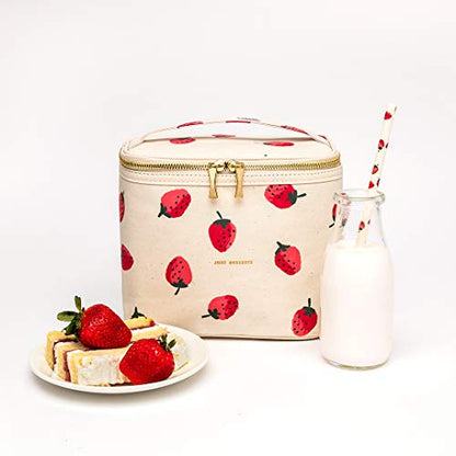 kate spade new york Beige Lunch Bag, Small Insulated Lunch Tote, Thermal Bag with Double Zipper and Carrying Handle, Strawberries
