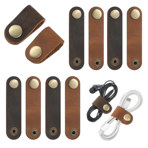 Leather Cord Organizer, Reusable PU Leather Cable Straps Multipurpose Cords Holder Snap Closure Phone Cords Ties Charging-Cord Power Cord Headphone Travel Organizer USB Holder for Women Men