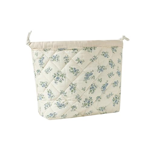 Cotton Quilted Drawstring Makeup Bag with Canvas Lining,Coquette Aesthetic Cute Travel Toiletry Bag,Drawstring Gift Bag for Women and Girls（11Blue Flower） - color: 11Blue Flower