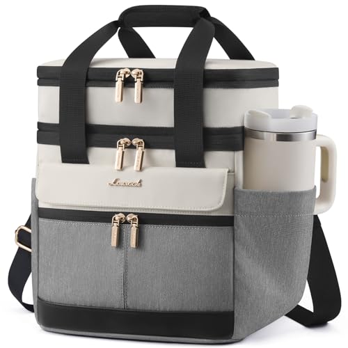 LOVEVOOK Insulated Lunch Bag Women Men,Expandable Double Deck Lunch Box for Women With Large Cup Holder,Leakproof Cooler Bag For Adult Lunch Tote Bag Work Picnic Beach with Adjustable Shoulder Strap - color: Off White with Grey with Black, size: Large-15L