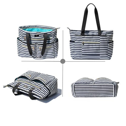 Weekender Bag Carry On Bag Overnight Tote Travel Duffle with 13 Pockets for Travel,Work，Gym,Beach,Teacher,Nurse - color: Navy white