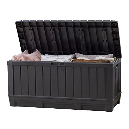 Keter Kentwood 92 Gallon Resin Deck Box-Organization and Storage for Patio Furniture Outdoor Cushions, Throw Pillows, Garden Tools and Pool Floats, Dark Grey - color: Dark Grey