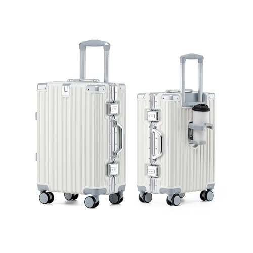 HotWay 20 Inch Aluminum Frame Carry On Luggage with Spinner Wheels, PC Hard Shell Suitcase with Cup Holder, Zipperless Luggage for Business Travel, White - color: White (PC+Aluminum), size: Carry on 20inch
