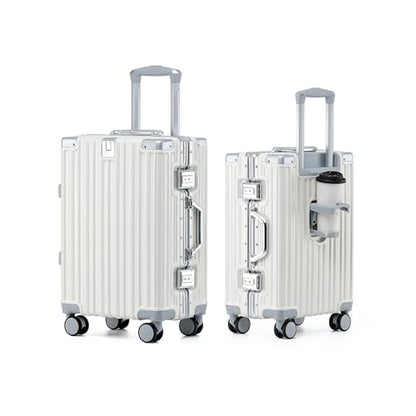 HotWay 26 Inch Aluminum Frame Luggage with Spinner Wheels, PC Hard Shell Suitcase with Cup Holder, Zipperless Luggage for Business Travel, White - color: White (PC+Aluminum), size: Checked in 26inch