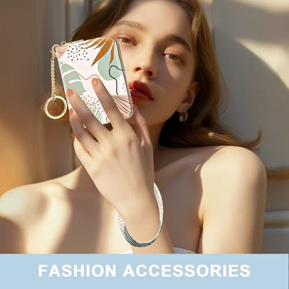 Aiawoxc Credit Card Holder, Small RFID Wallet Slim Leather Card Organizer Case with Zipper and Wristlet Strap, Boho Leaves - color: B-Leaf, size: Wrist Strap