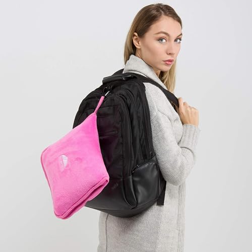 BlueHills Premium Soft Travel Blanket Pillow Airplane Blanket Packed in Soft Bag Pillowcase with Hand Luggage Belt and Backpack Clip, Compact Pack Large 2 in 1 Combo for Any Travel (Pink T004) - color: Pink-1pk-t004