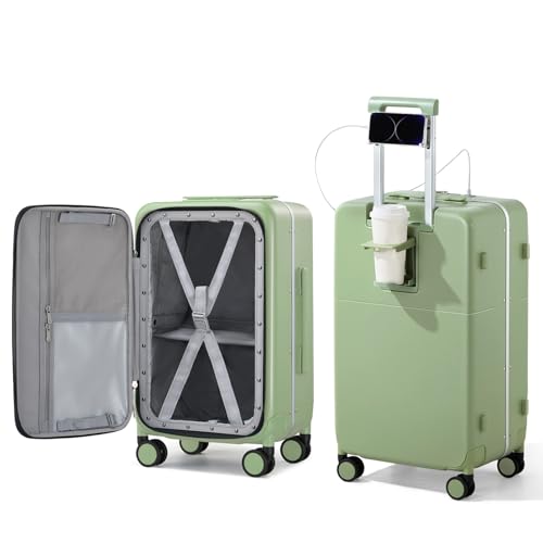 Hanke 20 Inch Carry On Luggage with Cup Holder and USB Charging Port, Top Opening Hard Shell Suitcase with Wheels, Aluminum Frame Trunk Luggage with TSA Lock & Dividers for Travel, Bamboo Green - color: Bamboo Green, size: 20 Inch