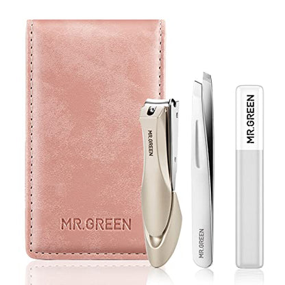 MR.GREEN Nail Clipper 3Pcs Set, Stainless Steel Manicure Pedicure Set with Nail Clippers, Glass Nail File & Tweezers, Medical Grade Grooming Kit with Travel Case Gift Box for Man & Woman (Pink) - color: Pink