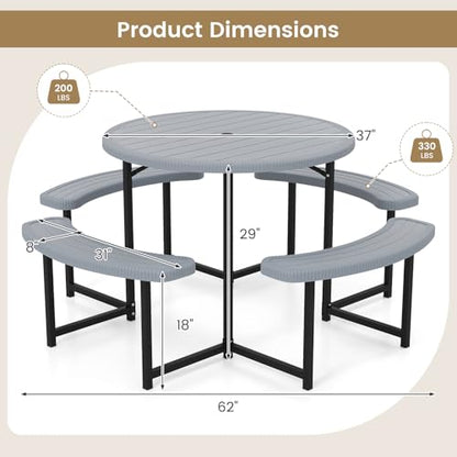 Tangkula 8 Person Picnic Table, HDPE Outdoor Round Table and Bench Set with 4 Built-in Benches, Umbrella Hole, Metal Frame for Garden Yard Patio Lawn - color: Grey