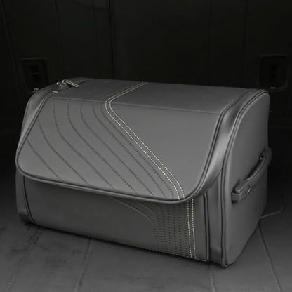 TOPABYTE Car Trunk Organizer with Lid and Sturdy Handle Foldable Durable Premium Leather Storage Box Cargo for BMW SUV Sedan Truck, Black, Small
