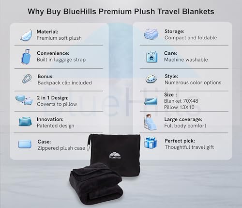 BlueHills Premium Soft Tall Travel Blanket Pillow Airplane Flight Blanket Long Throw in Bag Pillowcase with Backpack Clip Compact Large Long Traveling Essentials Portable Black T054 - color: Black-long-t054