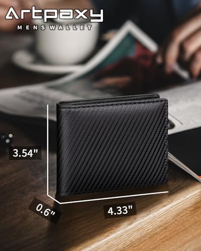 Artpaxy Mens Wallet Genuine Leather Bifold RFID Blocking Wallet for Men with 1 ID Window 13 Card Holders 2 cash pockets 1 Gift Box - color: Carbon Black