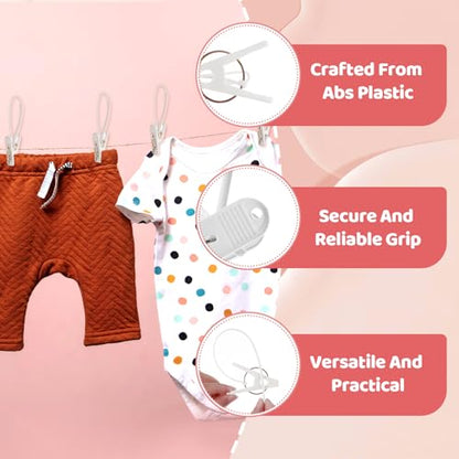 90 Pack Multi-Purpose Laundry Hooks Hanging Clips, Clothes Pins with Plastic Rope Hangers with Clips for Baby Clothes Pants Socks Towels Wardrobe & Kitchen Organization