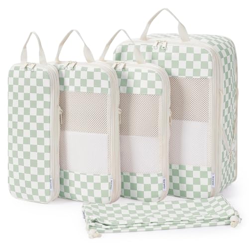 Narwey 6 Set Compression Packing Cubes for Travel Women Men, Travel Cubes for Carry On Suitcase, Durable Compression Luggage Organizer Bags - color: ZZ-Mint Green Checkerboard