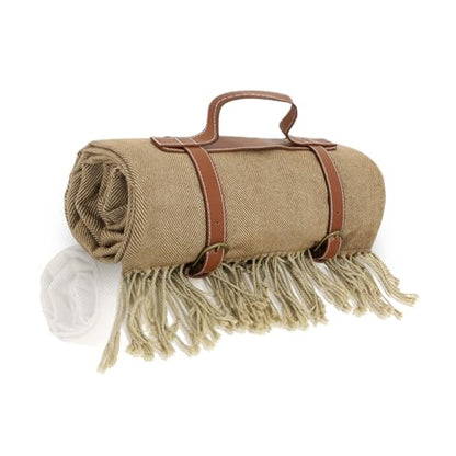Picnic Blanket Extra Large Waterproof with Strap 59"x79" - Machine Washable Tassels Faux Wool Cashmere for Park, Grass, Camping, Hiking, Concerts (Coffee, 59"X79") - color: Coffee