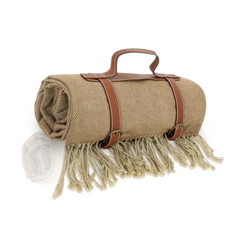 Picnic Blanket Extra Large Waterproof with Strap 59"x79" - Machine Washable Tassels Faux Wool Cashmere for Park, Grass, Camping, Hiking, Concerts (Coffee, 59"X79") - color: Coffee