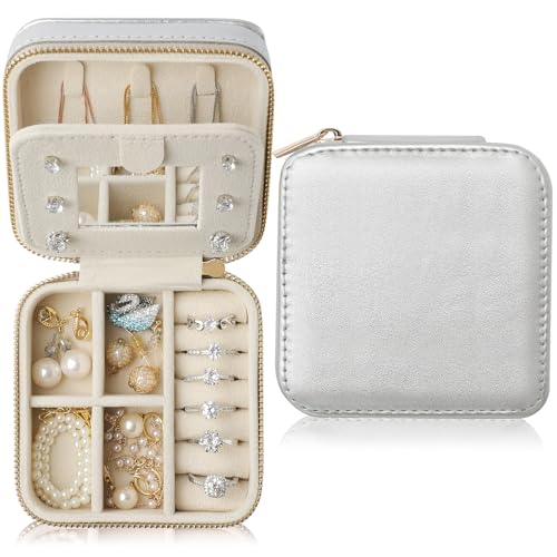Genuine Leather Travel Jewelry Case Organizer with Mirror for Women, Small Jewelry Box Portable Mini Jewelry Case for Earring, Ring, Necklace, Bracelet(Silver) - color: Nappa Leather Silver