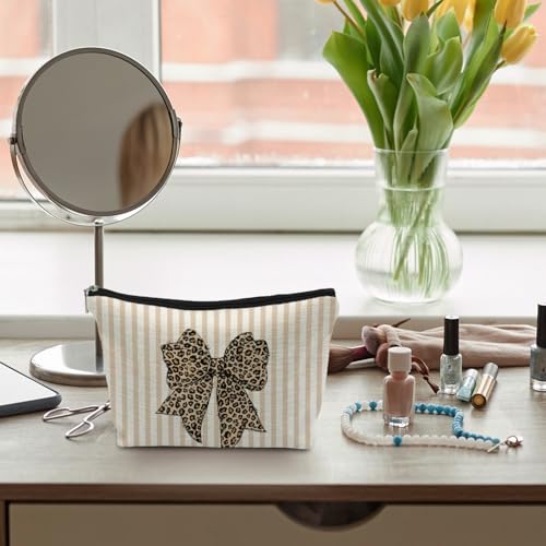 Leopard Coquette Bow Makeup Bag, Coquette Bow Gifts Supplies Cosmetic Bags for Women, Leopard Cheetah Bow Print Striped zipper Makeup Pouches for Purse - color: Striped Bow