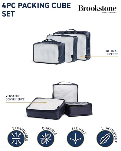 Brookstone 4-Piece Packing Cube Set Apparel Luggage Organizer and Shoe Bag, Travel Essentials, Navy
