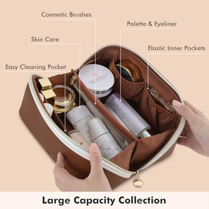 Prite Makeup Bag for Women Travel Waterproof Vegan Leather Cosmetic Bag Open Flat Toiletry Bag With Clear Divider and Handle (Dark Brown, Medium) - color: Dark Brown, size: Medium