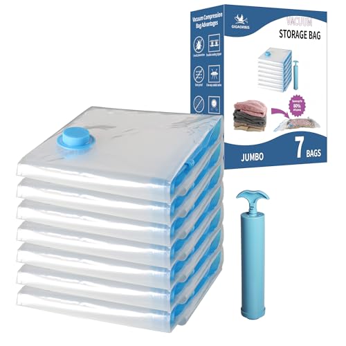 7 Pack Jumbo Space Saver Vacuum Storage Bags | Vacuum Sealed Compression Bags With Hand Pump, Space Saving For Bedding, Clothing, Moving, Blankets, Comforters and Pillows - size: 7-Jumbo