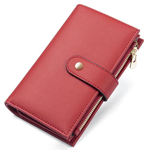 yiijay Womens Wallet RFID Blocking Leather Trifold Clutch Wallet Credit Card Holder Ladies Travel Wallet Purse with Pen Holder - color: 1Red
