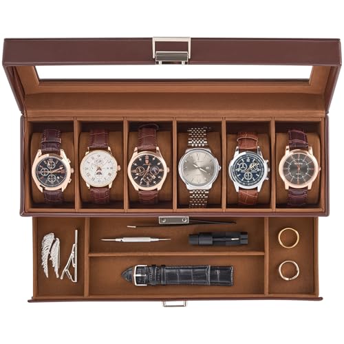 ProCase Watch Case, 6 Slot Mens Watch Box Holder Organizer with Glass Lid, 2-Layer Watches Display Case, Mens Jewelry Box with Drawer, Birthday Valentine Gifts for Men Women -6 Slot, Espresso - color: Espresso, size: 6-Slot