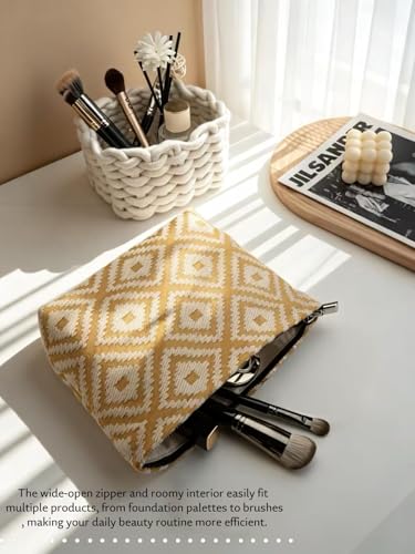 Parallel Checkered Embroidery Yellow Makeup Bag for Women Girls - Large Capacity Cosmetic Pouch | Travel Toiletry Bag & Purse Organizer - color: Plaid Yellow