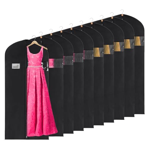 KEEGH 60'' Dress Bags for Gowns Long (Set of 10), Garment Bags for Hanging Clothes, Dress Bags for Closet Storage, Clothes Cover for Hanging Coats Dresses with Clear Window and Label Pocket, Black - size: 60"-10pcs