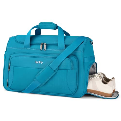 HanTrip Carry on Duffel Bag Foldable Duffle Bags for Travel, Large Personal Item Bags for Airplanes, Weekender Overnight Mens Travel Tote Bag for Women Softside Carry on Luggage (Caribbean Blue) - color: Caribbean Blue, size: Carry-on 21.5-Inch