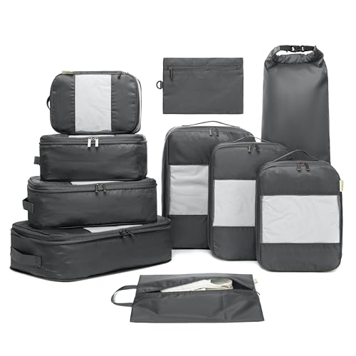 10-Pack Large Compression Packing Cubes for Travel - Lightweight Compression Packing Cube Set, Water-Resistant Luggage Organizer Bags & Suitcase Organizers, Travel Cubes for Carry-On, Checked Luggage - color: Charcoal, size: 10 Pack