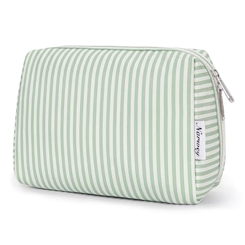 Narwey Striped Makeup Bag Travel Cosmetic Bag Organizer Toiletry Bag Make Up Bags with Compartments for Women Girls (Large, Mint Green Stripe) - color: A-Mint Green Stripe, style: Large