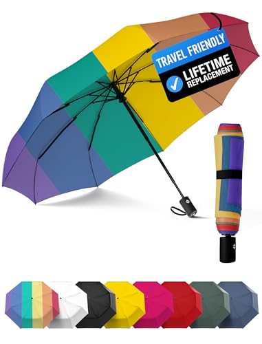 Rain-Mate Windproof Compact Umbrellas for Rain - Strong Reinforced Fiberglass Rib Design & Auto Open & Close - Portable Folding Travel Umbrella - Lightweight & Packable for Women & Men, Easy Collapse - color: F.Rainbow
