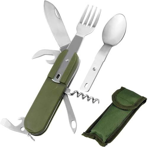 EZYoutdoor 7-in-1 Camping Utensils - Portable Stainless Steel Camping Fork Spoon Knife Set for Hiking, Picnics Outdoor Enthusiasts, and Travel - Essential Survival Utensil Tool Kit - color: Green