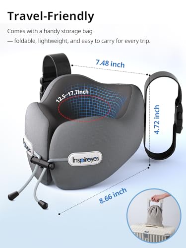 Inspireyes Neck Pillow, Travel Pillow with Seat Strap, 3D Sleep Mask, Dual Support Neck and Head, High Supportive Foam Airplane Pillow for Long Flight, Stop Bobblehead Travel Essential, Lake Blue - color: Cyan