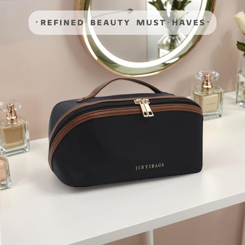 Travel Makeup Bag – Large Cosmetic Organizer with Waterproof Nylon, Smooth Double Zipper & Tear-Resistant Lining, Toiletry Pouch for Women (Black) - color: 05-Black