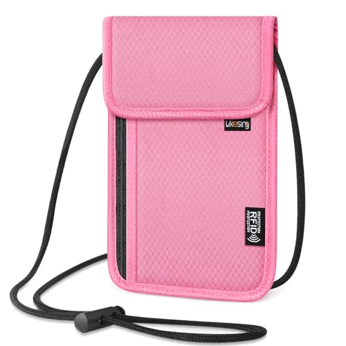 Likesing 5.5" L x 7.9" W Travel Neck Wallet, RFID Blocking Passport Holder for Travel Women Men, Security Lightweight Travel Wallet, Neck Passport Pouch Gifts for Traveling(Pink) - color: Pink