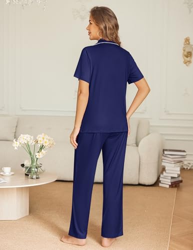 Ekouaer Womens Pajama Sets Button Down Pjs Lounge Sets 2 Piece Short Sleeve Sleepwear Soft Comfy Loungewear - color: Navy Blue, size: Large