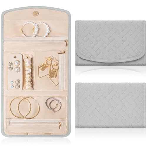 Travel Jewelry Holder Organizer Case, Foldable Jewelry Roll Storage Bag for Necklaces Rings Earrings Bracelets, Large, Grey