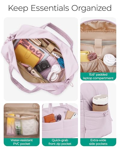 BAGSMART Gym Bag for Women, Lightweight Puffer Duffle Bag 2-PC Travel Bag, 31L Weekender Overnight Bag Quilted Carry On Tote Bag, Diaper Hospital Dance bag for Travel, Gym, Water Resistant - color: Misty Purple