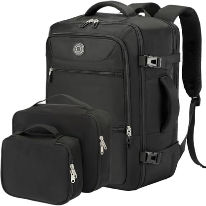 SHRRADOO Travel Backpack for Women & Men,Airline Approved Carry On Luggage,TSA Overnight Bags,40L Personal Item Travel Bag fits 17" Laptop,Carry on Bag with Storage Bag Cosmetic Bag Set 3pcs (Black) - color: Black