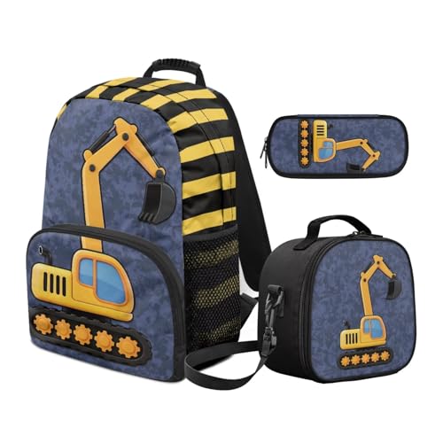3pcs Kids Boys Backpack Sets with Reusable Insulated Lunch Box Big Capacity Pen Case Set,Excavator Daypack for Elementary Primary,Back to School Supplies - color: Excavator -2