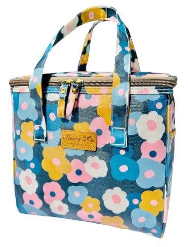 Kwang Min Floral Insulated Lunch Bag for Women,Reusable Lunch Box,Large Cooler for Office,Picnic Outdoors,Durable Waterproof Fabric, Light, Foldable. Ideal Daily Cooler(Daisy Blue) - color: Blue Midsummer Daisy