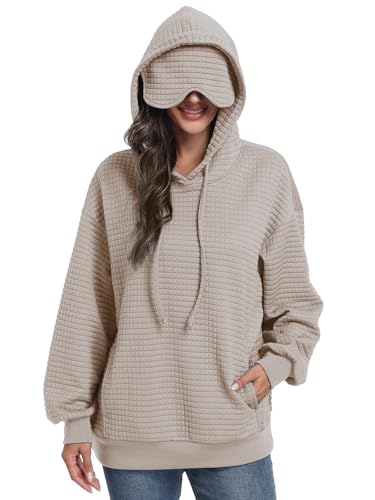 SeSe Code Hoodie With Eye Mask Waffle Hooded Sweatshirts Womens Travel Airplane Sleep Hoodies Mens Oversized Pullover - color: Apricot, size: X-Large