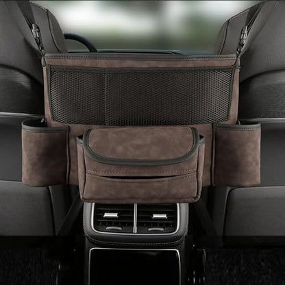 Car Handbag Holder Between Seats Car Organizer, Leather Large Capacity Car Purse Holder for Front Seat, Seat Back Net Bag Double-sided Tissue Storage Handbag Holder Car Divider (Brown) - color: Brown